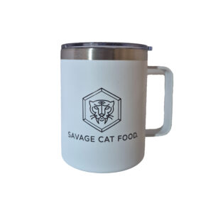 travel mug with Savage Cat Food logo